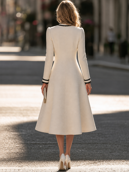 Round-Neck Contrast Trim Tweed Fit-and-Flare Midi Dress