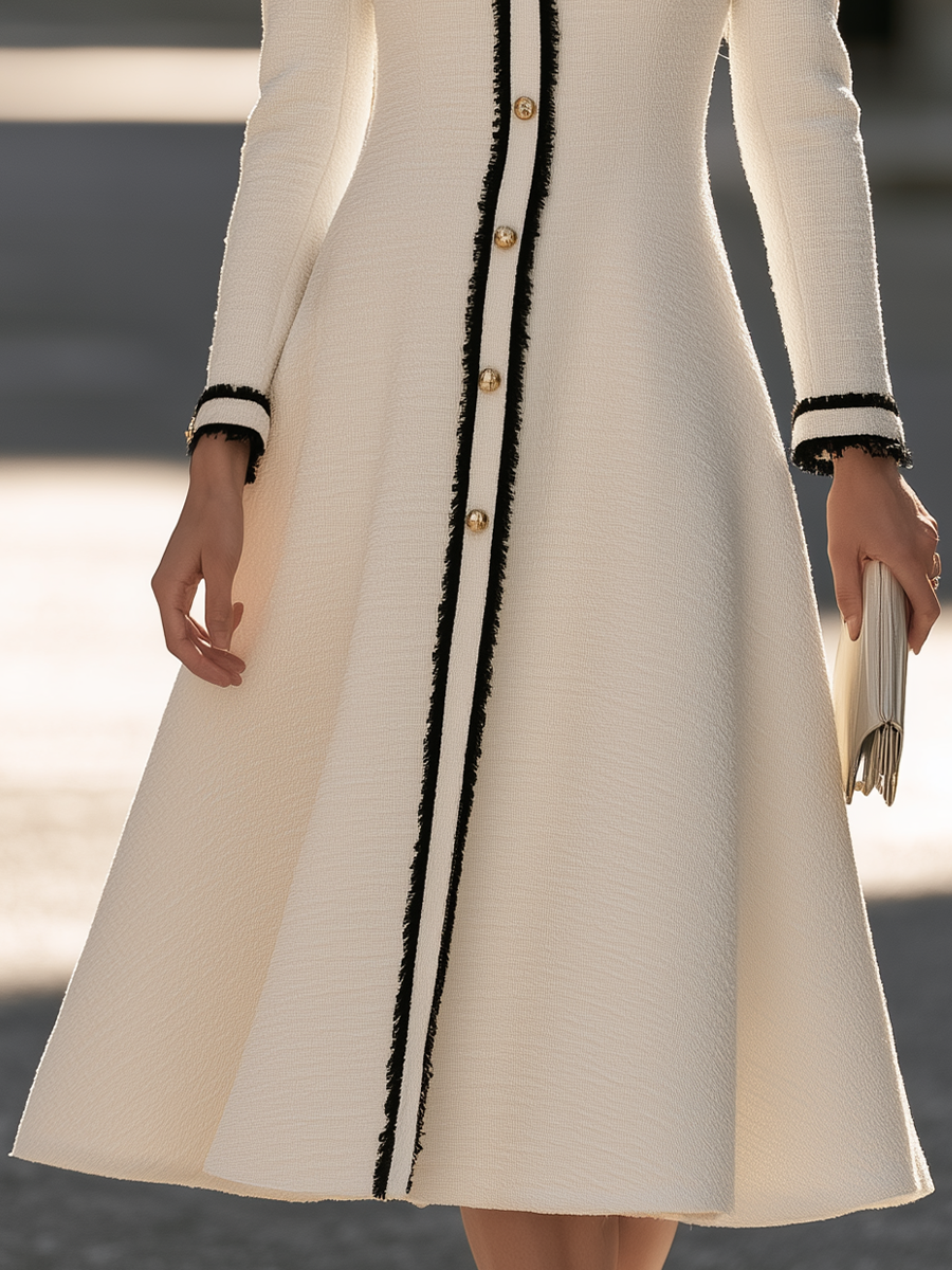 Round-Neck Contrast Trim Tweed Fit-and-Flare Midi Dress