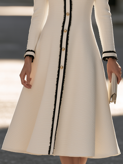 Round-Neck Contrast Trim Tweed Fit-and-Flare Midi Dress