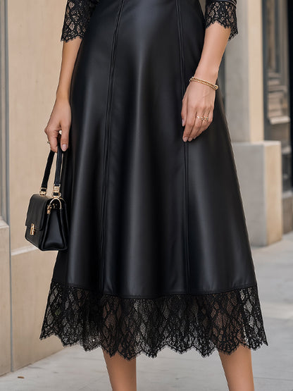 Faux Leather Lace Trim Flared Midi Dress