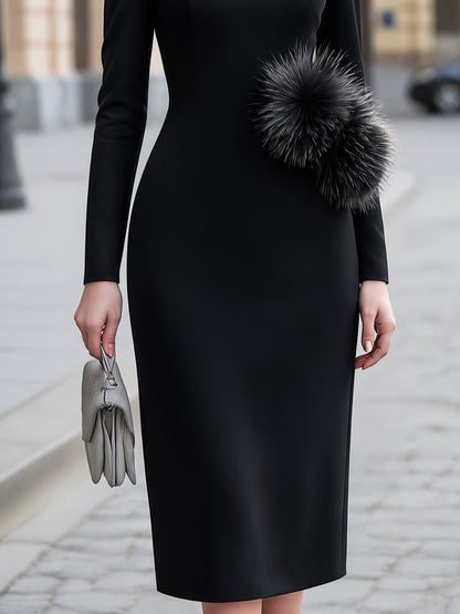 Boat-Neck Faux-Fur Pom-Pom Midi Dress
