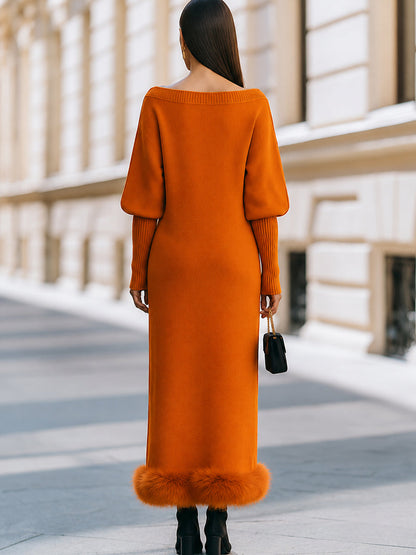 Faux Fur Trim Boat Neck Knit Maxi Dress