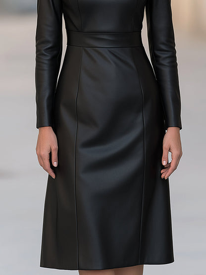 Metallic Collar Faux Leather A-Line Midi Dress