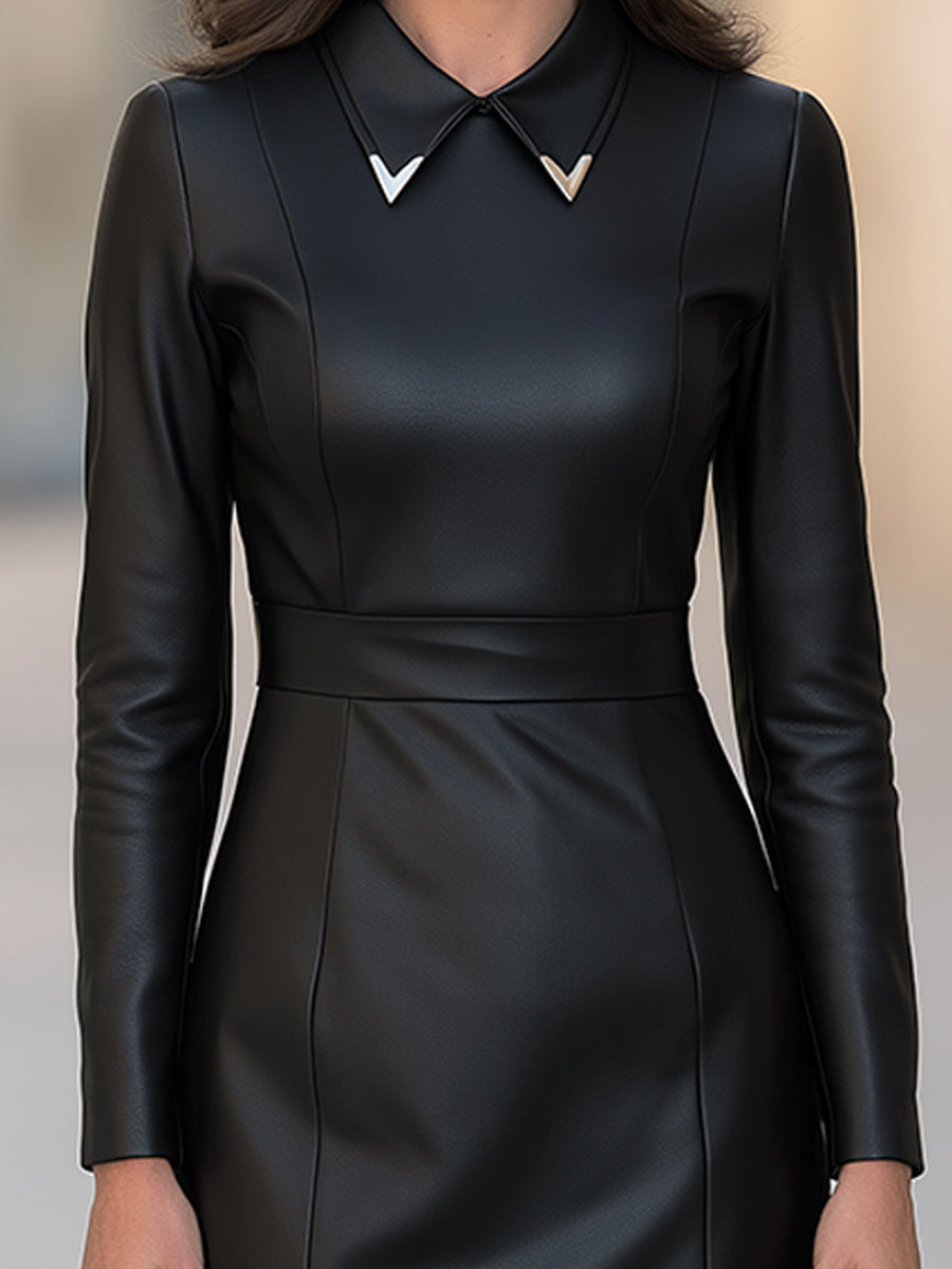Metallic Collar Faux Leather A-Line Midi Dress