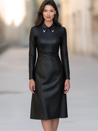 Metallic Collar Faux Leather A-Line Midi Dress