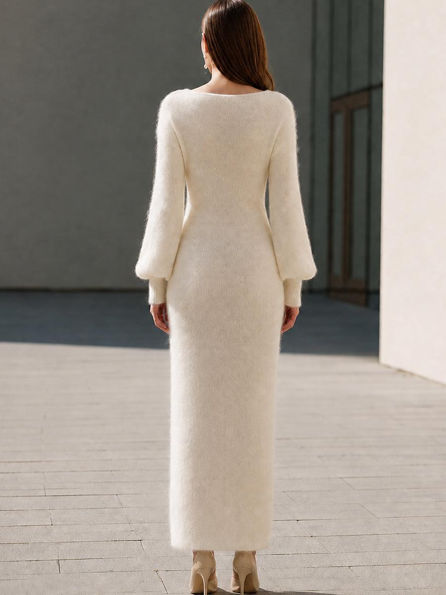 Pearl Button Wrap-Front Fuzzy Knit Maxi Dress