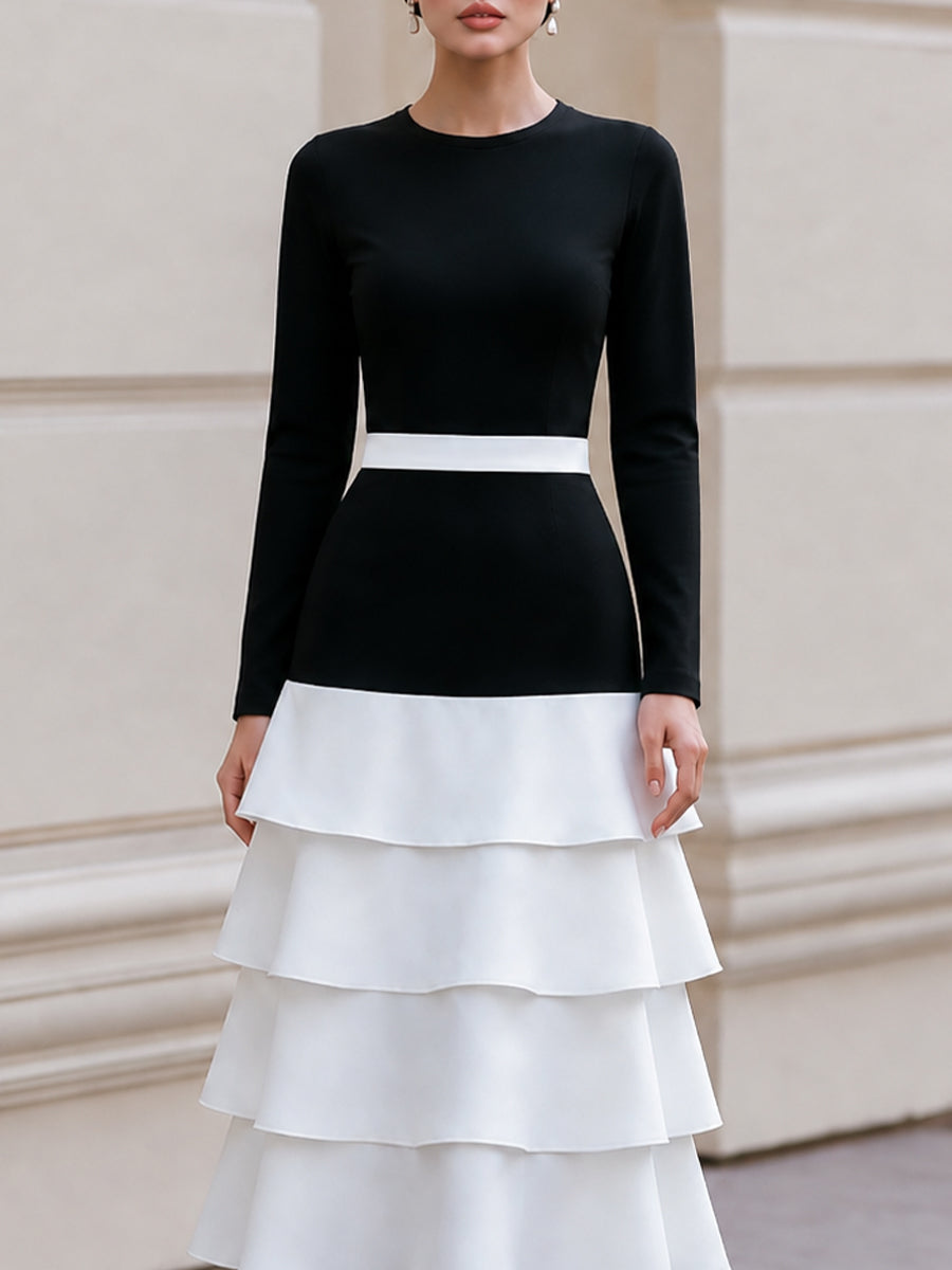 Round‑Neck Long‑Sleeve Colour‑Block Tiered Midi Dress