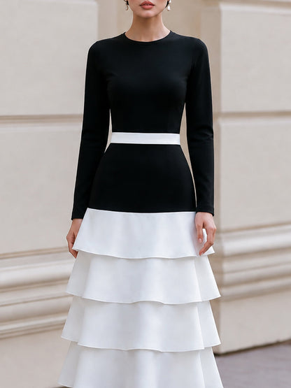 Round‑Neck Long‑Sleeve Colour‑Block Tiered Midi Dress