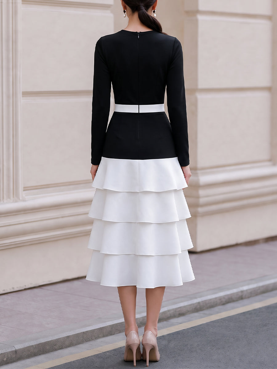 Round‑Neck Long‑Sleeve Colour‑Block Tiered Midi Dress