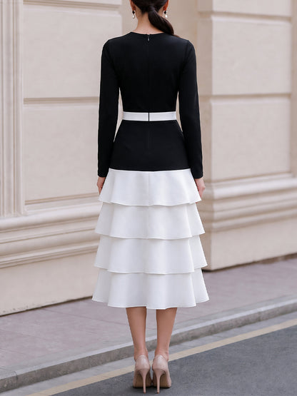 Round‑Neck Long‑Sleeve Colour‑Block Tiered Midi Dress