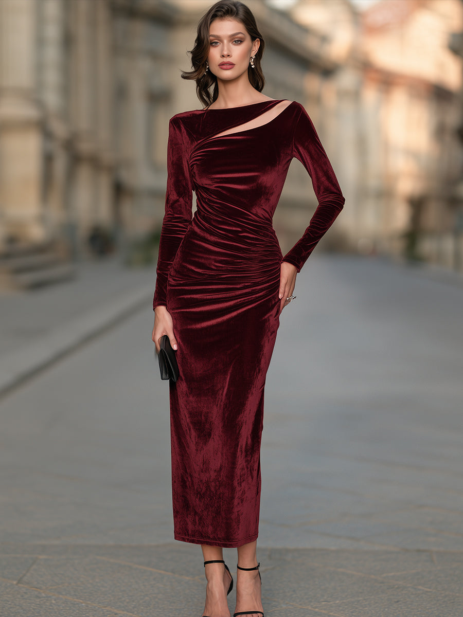 Cutout Boat-Neck Long-Sleeve Ruched Velvet Maxi Dress