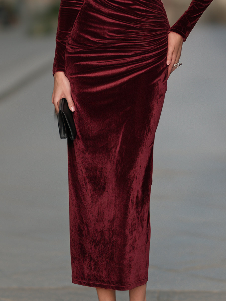 Cutout Boat-Neck Long-Sleeve Ruched Velvet Maxi Dress