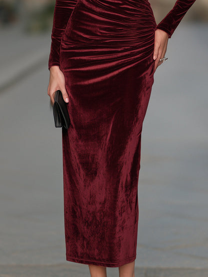 Cutout Boat-Neck Long-Sleeve Ruched Velvet Maxi Dress