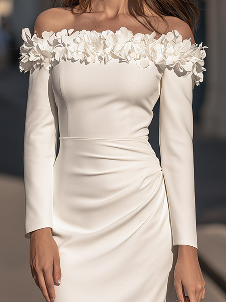 Floral-Appliqué Off-Shoulder Long-Sleeve Ruched Midi Dress