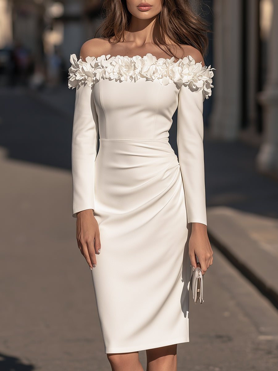 Floral-Appliqué Off-Shoulder Long-Sleeve Ruched Midi Dress