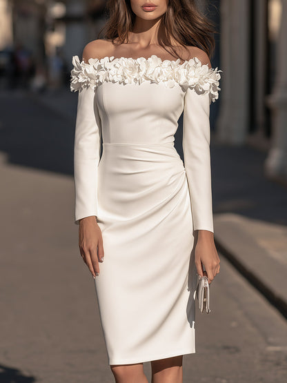 Floral-Appliqué Off-Shoulder Long-Sleeve Ruched Midi Dress