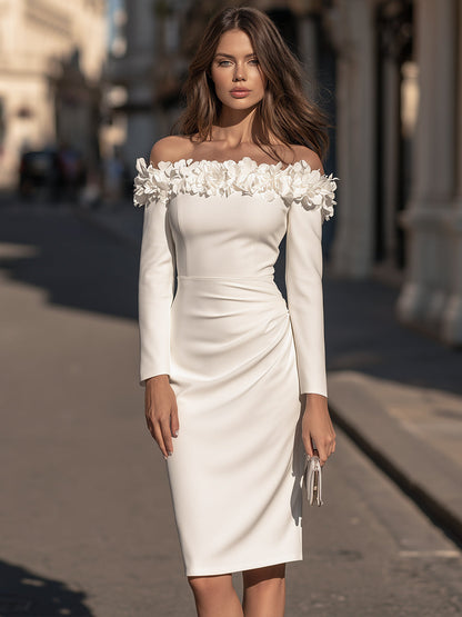 Floral-Appliqué Off-Shoulder Long-Sleeve Ruched Midi Dress