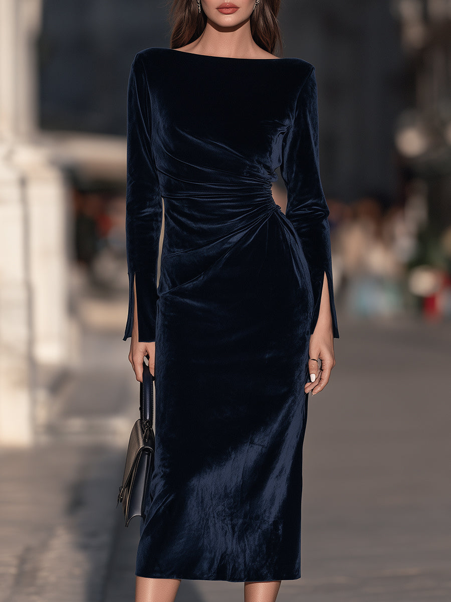 Boat-Neck Long-Sleeve Ruched Velvet Midi Dress With Side Slit