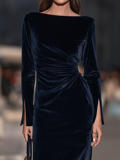 Boat-Neck Long-Sleeve Ruched Velvet Midi Dress With Side Slit