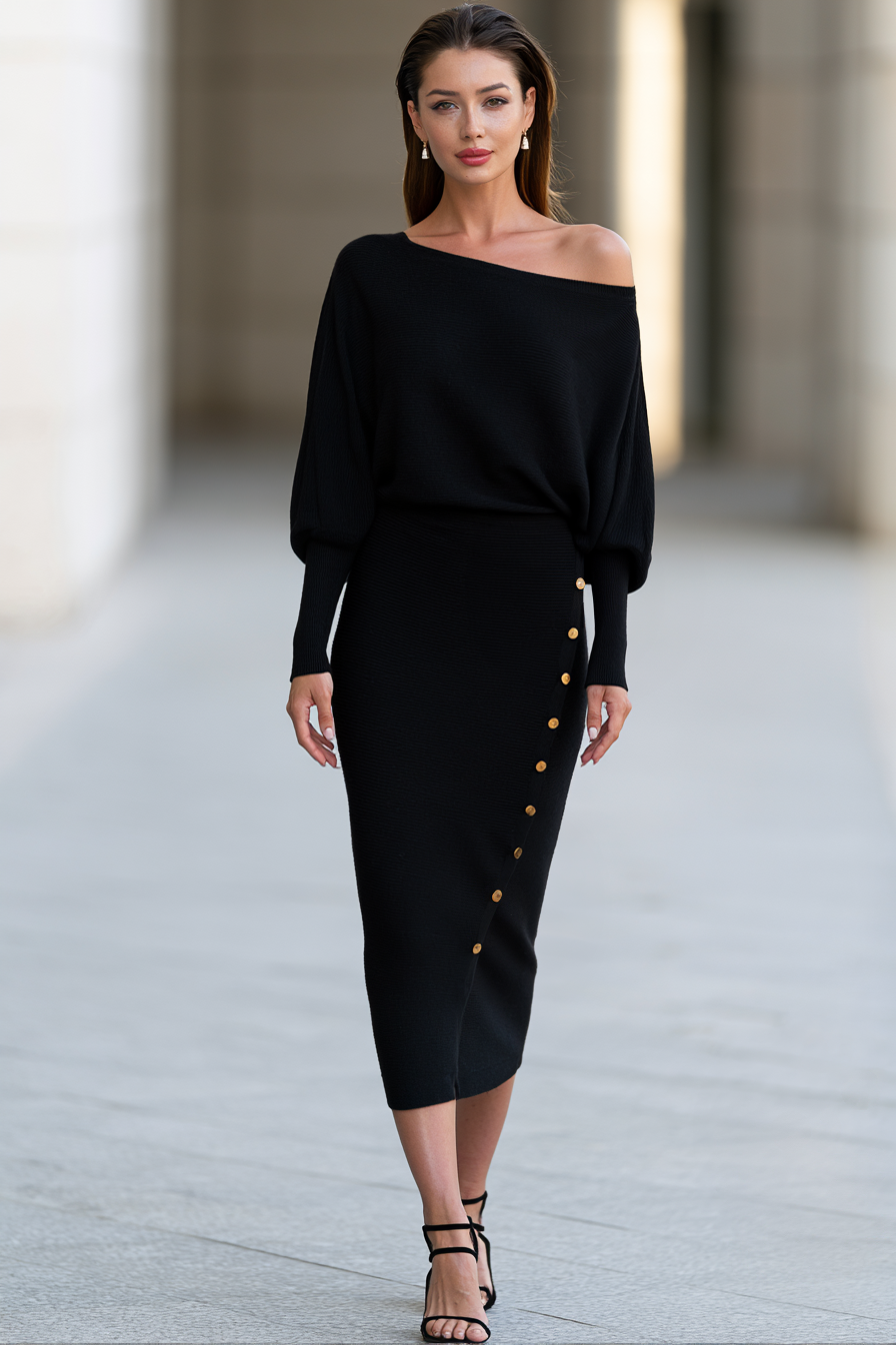 Asymmetric Neck Button-Trim Knit Midi Dress