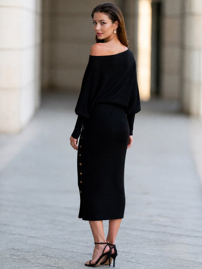 Asymmetric Neck Button-Trim Knit Midi Dress