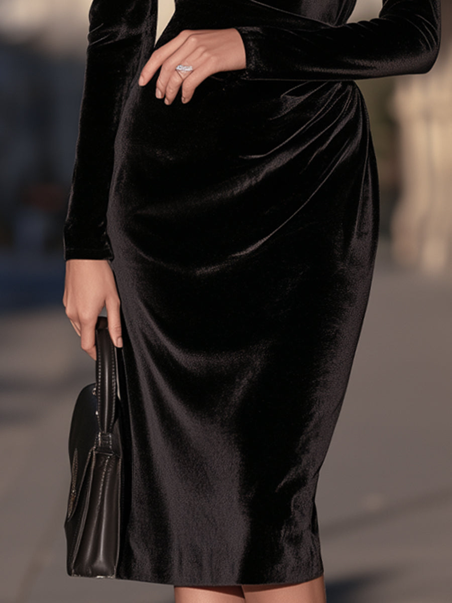 Lace-Trimmed Cold-Shoulder Mock-Neck Ruched Velvet Midi Dress