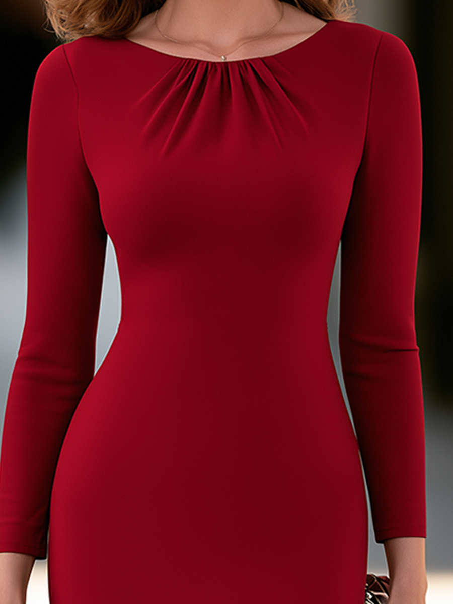 Round-Neck Pleated Front Sheath Midi Dress