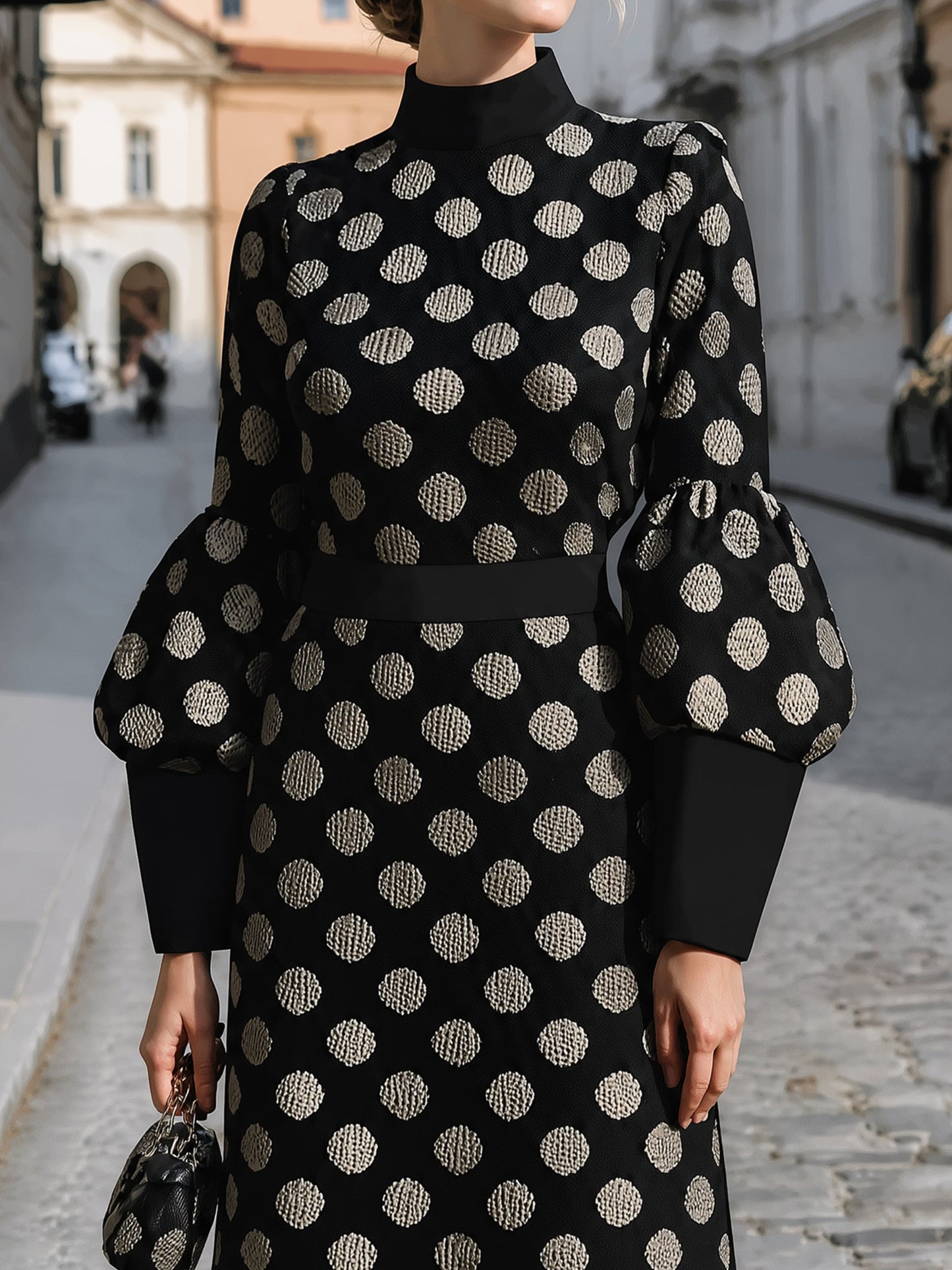 Polka Dot Puff-Sleeve Midi Dress