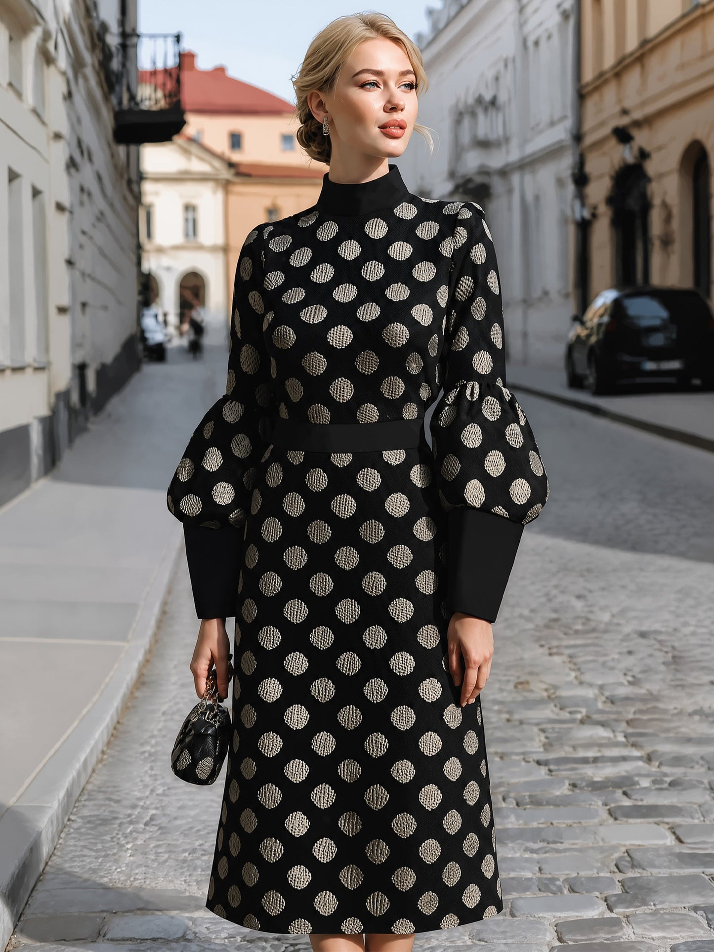 Polka Dot Puff-Sleeve Midi Dress