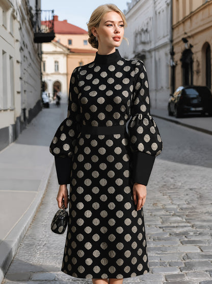 Polka Dot Puff-Sleeve Midi Dress
