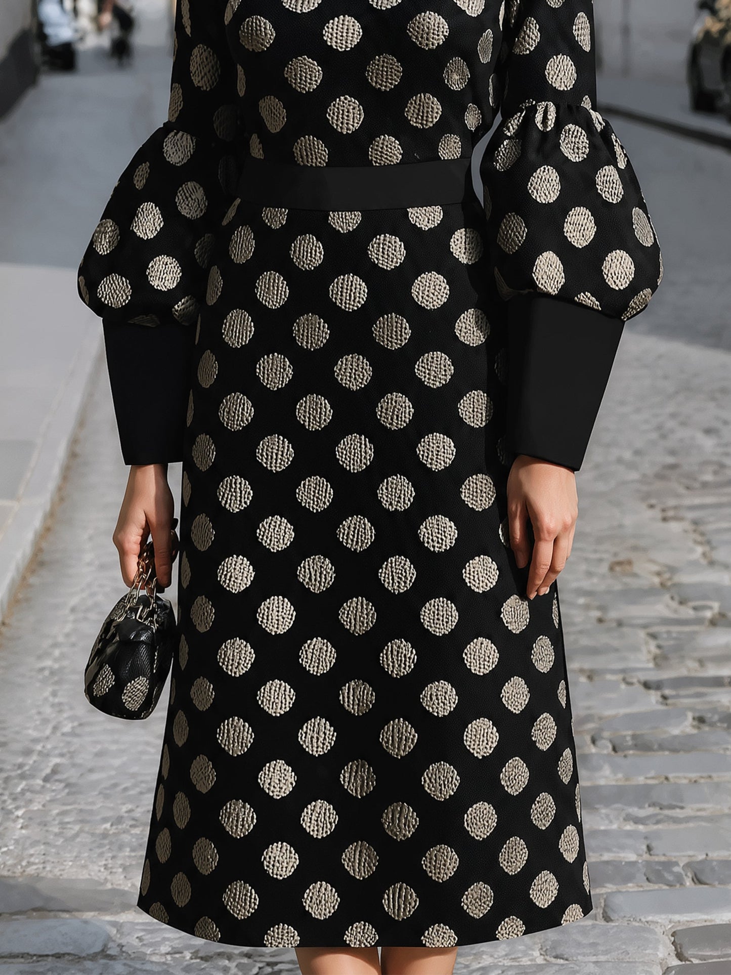 Polka Dot Puff-Sleeve Midi Dress