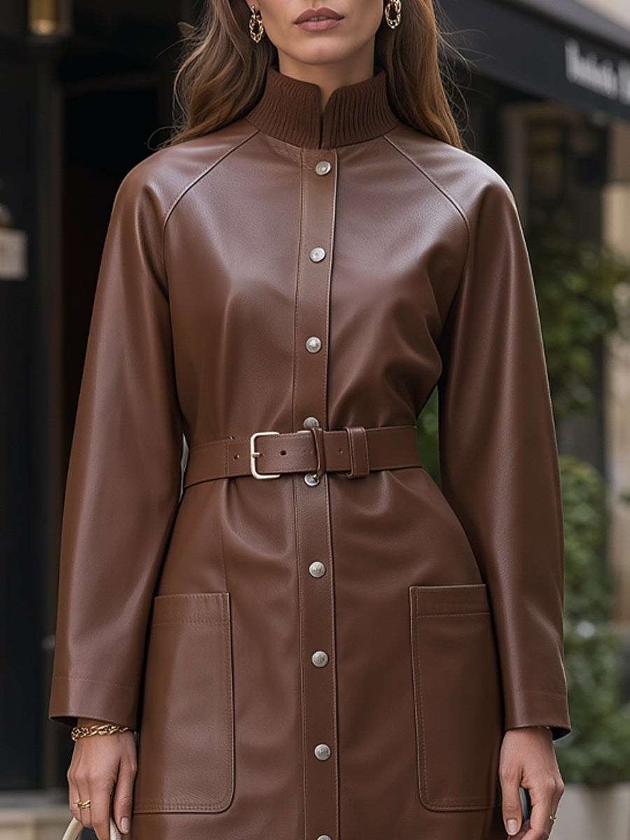 Mock-Neck Belted Faux Leather Trench Midi Dress