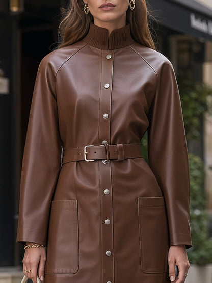 Mock-Neck Belted Faux Leather Trench Midi Dress