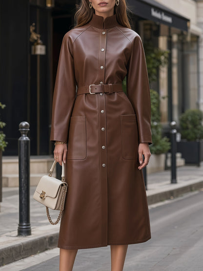 Mock-Neck Belted Faux Leather Trench Midi Dress