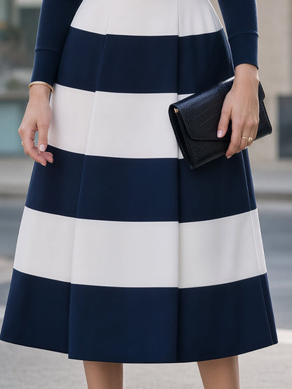 Turtleneck Striped Flared Midi Dress