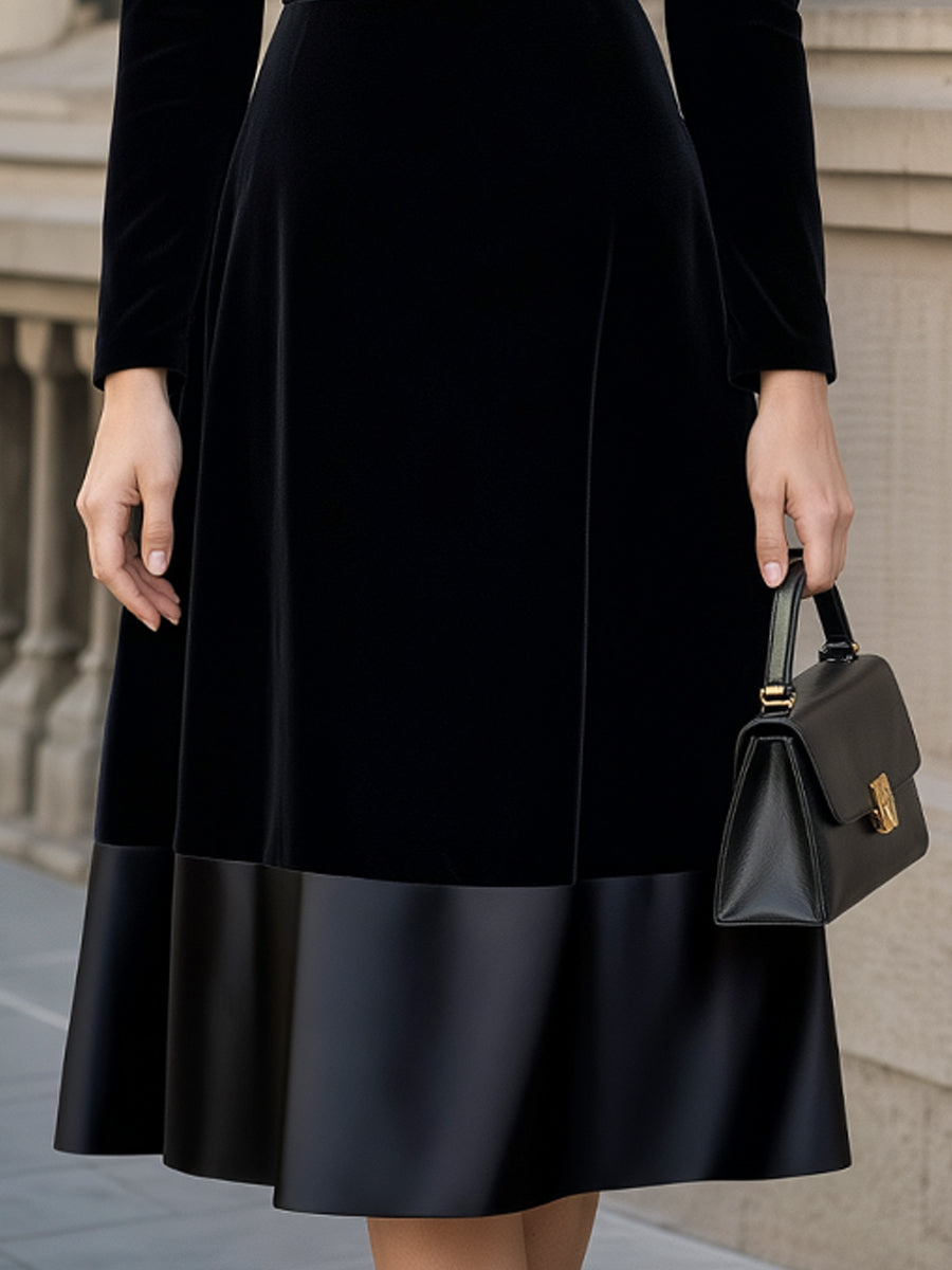 Velvet Contrast Hem Long-Sleeve Midi Dress