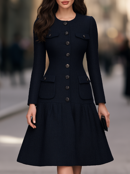 Round-Neck Button-Front Pocket Detail Fit-and-Flare Midi Dress