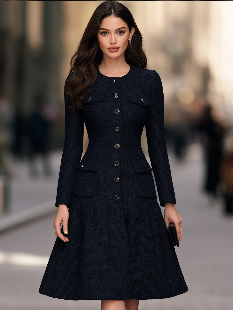 Round-Neck Button-Front Pocket Detail Fit-and-Flare Midi Dress