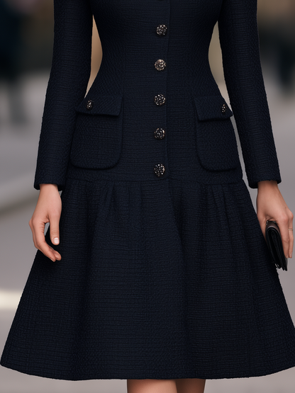 Round-Neck Button-Front Pocket Detail Fit-and-Flare Midi Dress