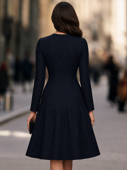 Round-Neck Button-Front Pocket Detail Fit-and-Flare Midi Dress
