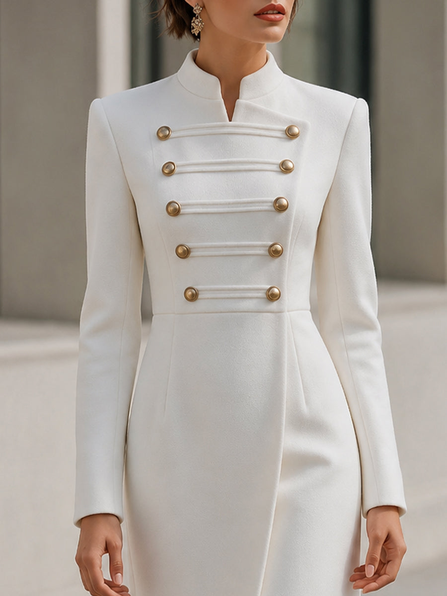 Stand‑Collared Double‑Breasted Midi Coat‑Dress With Front Slit