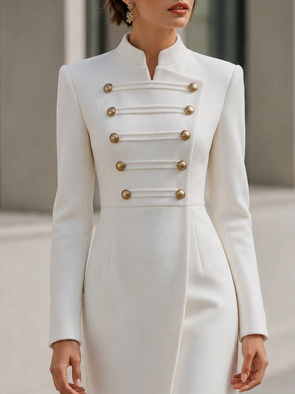 Stand‑Collared Double‑Breasted Midi Coat‑Dress With Front Slit