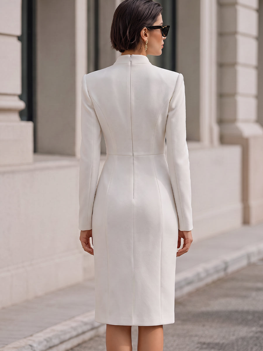 Stand‑Collared Double‑Breasted Midi Coat‑Dress With Front Slit