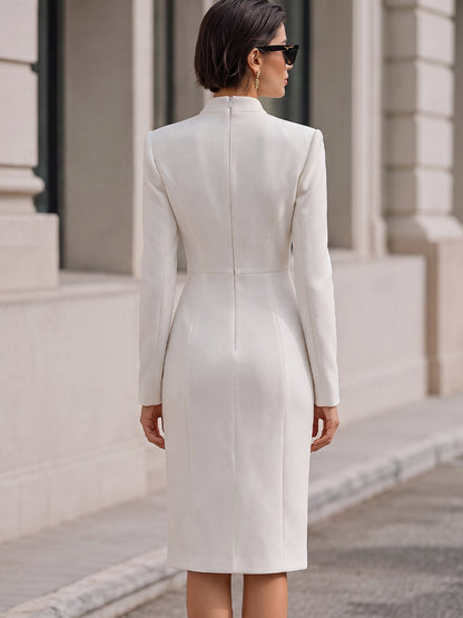 Stand‑Collared Double‑Breasted Midi Coat‑Dress With Front Slit