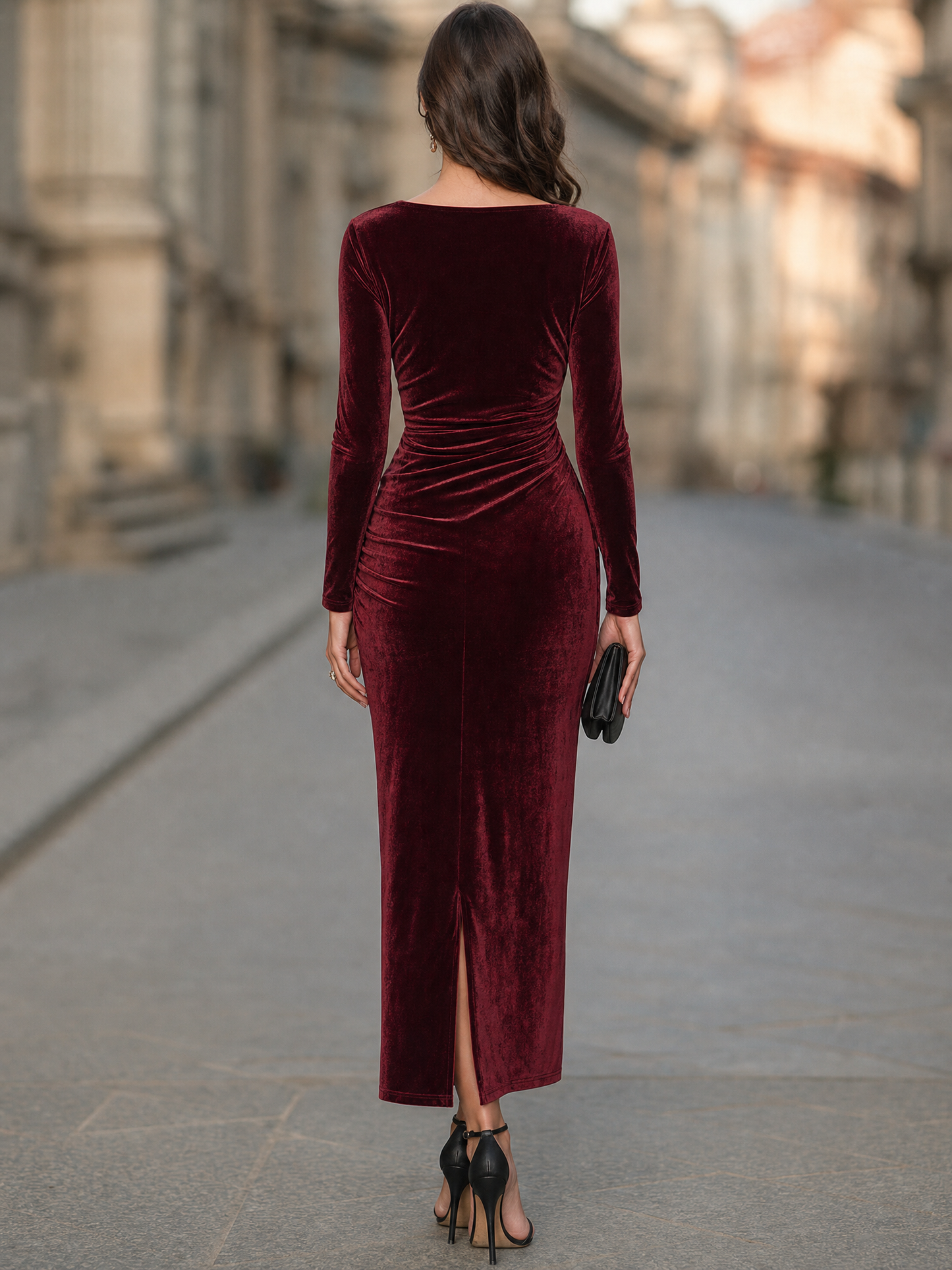 Cutout Boat-Neck Long-Sleeve Ruched Velvet Maxi Dress