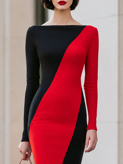 Boat‑Neck Long‑Sleeve Diagonal Color‑Block Midi Bodycon Dress