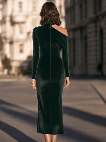 Asymmetric One-Shoulder Cutout Long-Sleeve Ruched Velvet Midi Dress