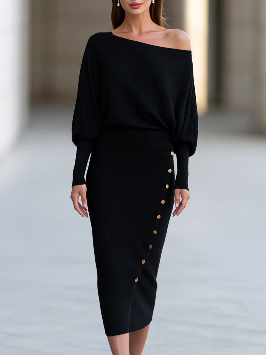 Asymmetric Neck Button-Trim Knit Midi Dress