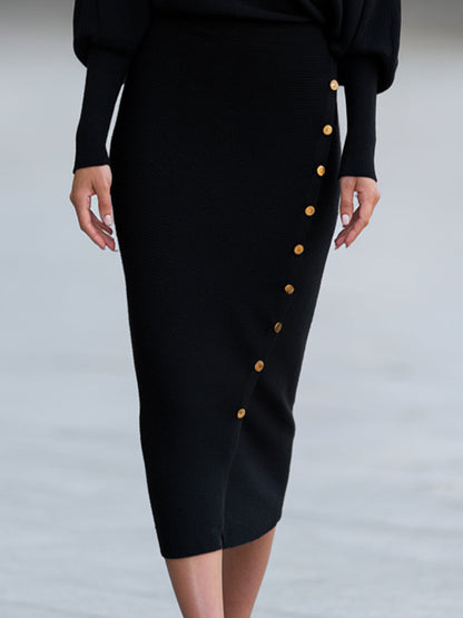 Asymmetric Neck Button-Trim Knit Midi Dress