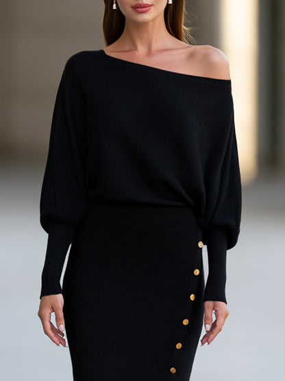 Asymmetric Neck Button-Trim Knit Midi Dress